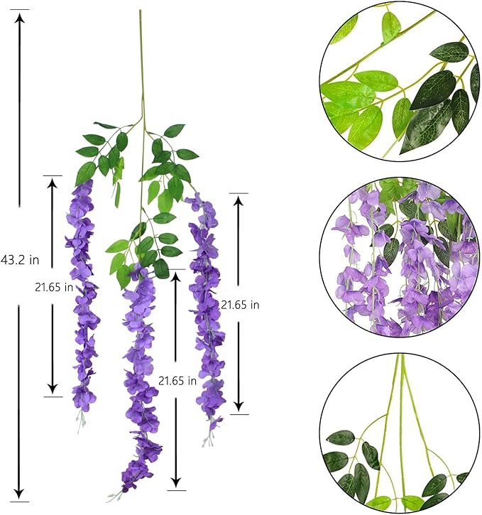 6pcs Artificial Wisteria Flowers 3.6 Feet/Piece Purple Dense Artificial Fake Wisteria Vine Ratta Hanging Garland Silk Flowers String Home Party Wedding Decor（Purple-Dense）