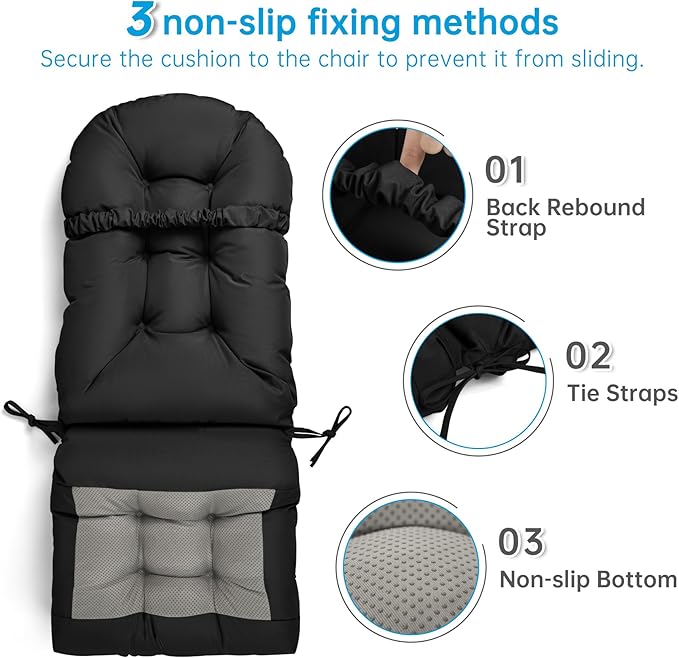Adirondack Chair Cushion Waterproof Rocking Chair Cushion, Tufted High Back Patio Chair Cushions with Anti-Slip Ties for Rocking Chairs,Adirondack Chair,Patio Furniture (Black)