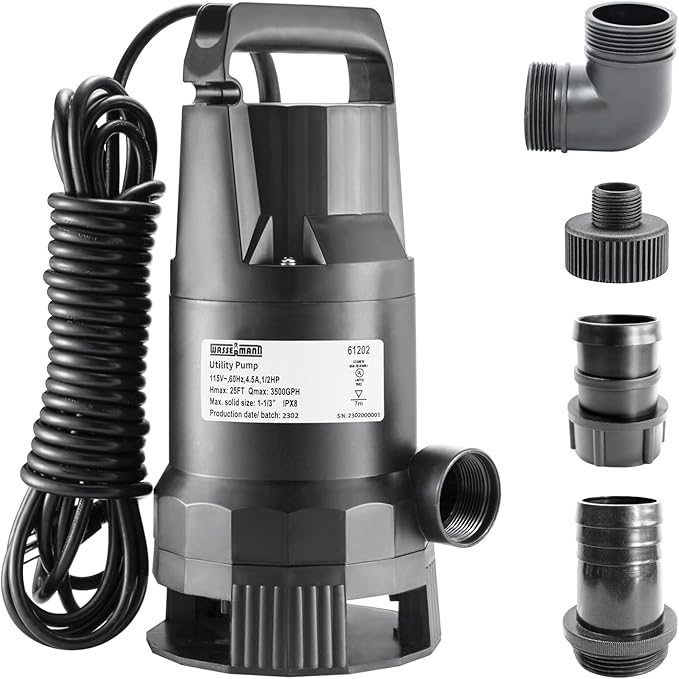 WASSERMANN 1/2HP Water Pump,3500GPH Submersible Thermoplastic Utility Pump with 10 FT Power Cord,Electric Portable Transfer Clean/Dirty Sump Pump for Swimming Pool Tubs Garden Ponds Draining