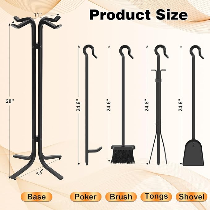 FEED GARDEN Hand Forged Iron Fireplace Tools Set 5-Piece Wrought Iron 28 Inch Fire Place Set Tools with Stand for Indoor Outdoor Heavy Duty Fireplace Accessories Poker, Tongs, Shovel, Brush, Base
