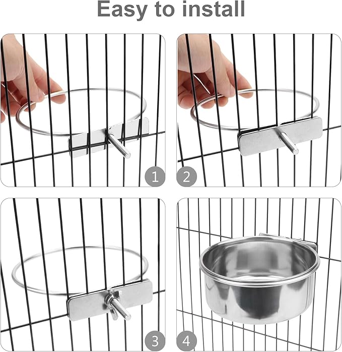 Wontee Pet Food Water Bowl with Clamp Holder Stainless Steel Feeding Cups Feeder for Dog Bird Parrot Cat Rabbit, 2 Packs (S)