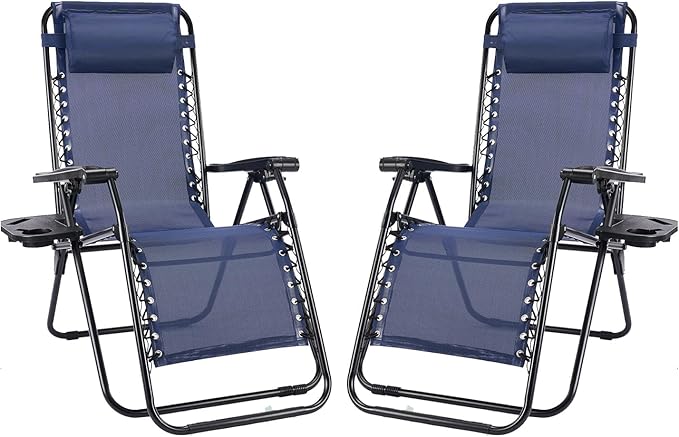 NEWBULIG Zero Gravity Chair Set of 2, Lounge Chair Folding Portable Adjustable Camping Reclining Chairs with Adjustable Pollow, Mesh Back, Cup Holder Trays Lawn Patio Chair for Pool Beach
