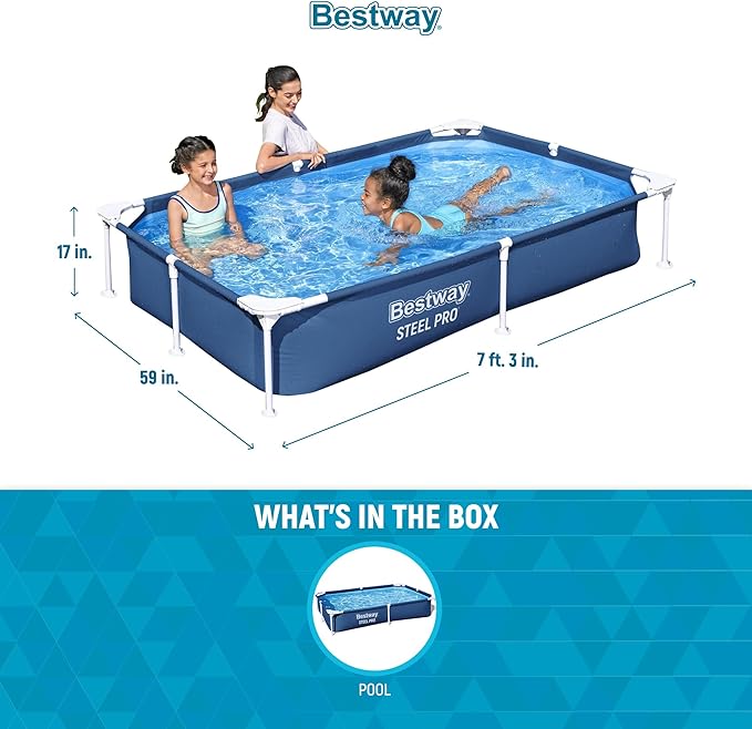 Bestway Steel Pro 87 Inch x 59 Inch x 17 Inch Rectangular Metal Frame Above Ground Outdoor Backyard Swimming Pool, Blue (Pool Only)