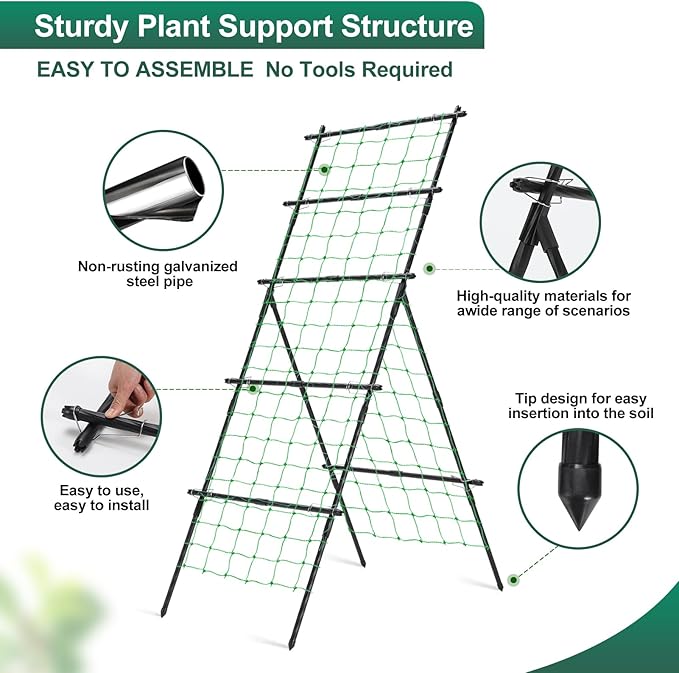 Cucumber Trellis for Raised Bed, 6ft Metal A-Frame Garden Trellis for Climbing Plants Outdoor Support Vine Fruits Grape Vegetable Squash Tomato Pea Bean Trellis, with Netting, Black