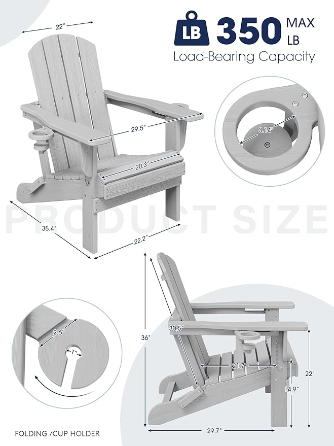 KINGYES Folding Adirondack Chair with Dual Cup Holders - HDPE All-Weather Outdoor Chairs, Wood-Like Patio Chair for Backyard, Camping, Pool & Fire Pit, Silver Grey