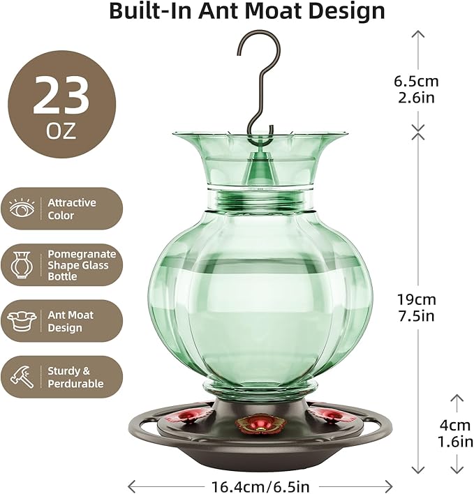 Auslar Hummingbird Feeder, Green Glass Hummingbird Feeder for Outdoors Hanging with Ant Moat, 5 Simulation Flowers Feeding Ports, 23 Ounces, Rustproof, Fade Proof, Pomegranate Shape