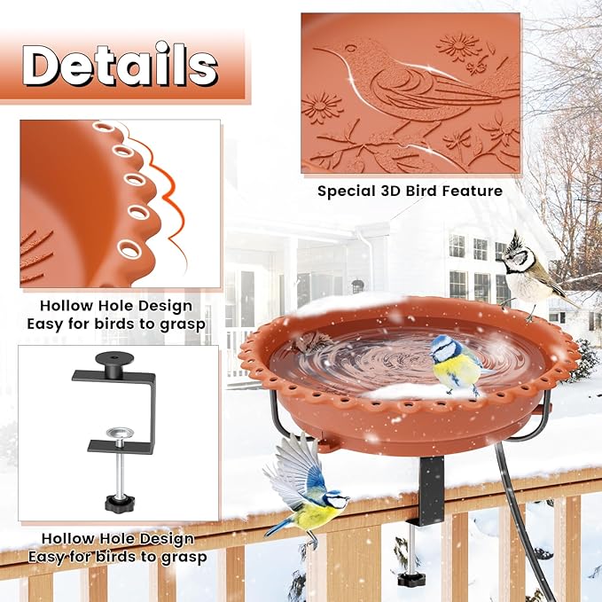 Heated Bird Bath for Outdoors, Upgraded 100W Thermostatically Controlled Heated Bird Baths for Deck Railing Large Capacity Heated Birdbath for Outside Winter Garden Yard Patio Lawn (Brown)
