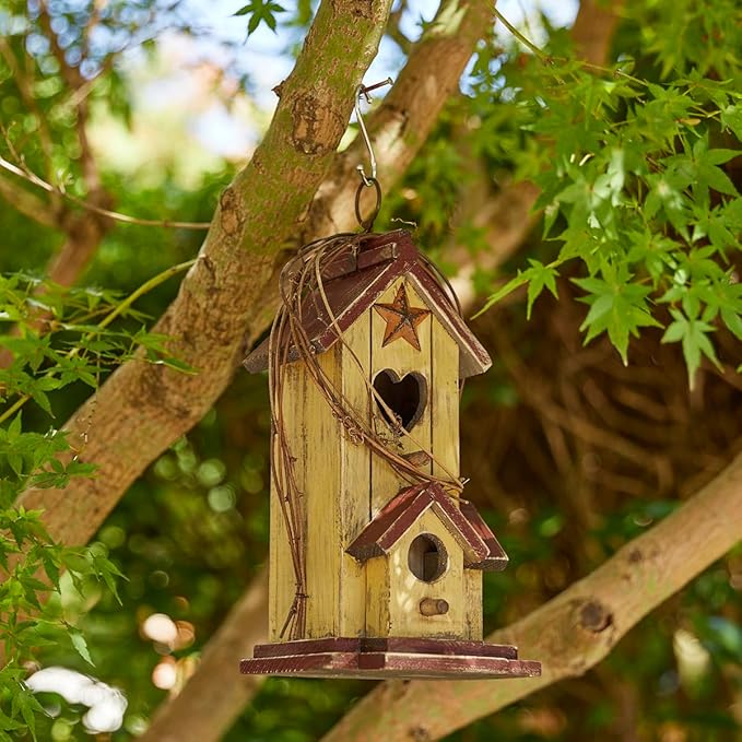 Glitzhome Bird Houses for Outside, Decorative Bird House,11.5"H Distressed Solid Wood Hanging Birdhouses for Outdoors, Hummingbird House Bird Cottage with Rattan for Outdoor Patio Garden,Washed Yellow