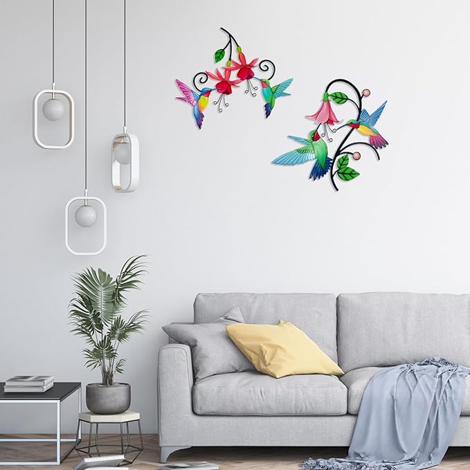 2 Pack Metal Hummingbird & Flower Outdoor Wall Art Decor, Creative Wall Decor for Patio, Fence, Deck, Garden, Home, Kitchen, Balcony