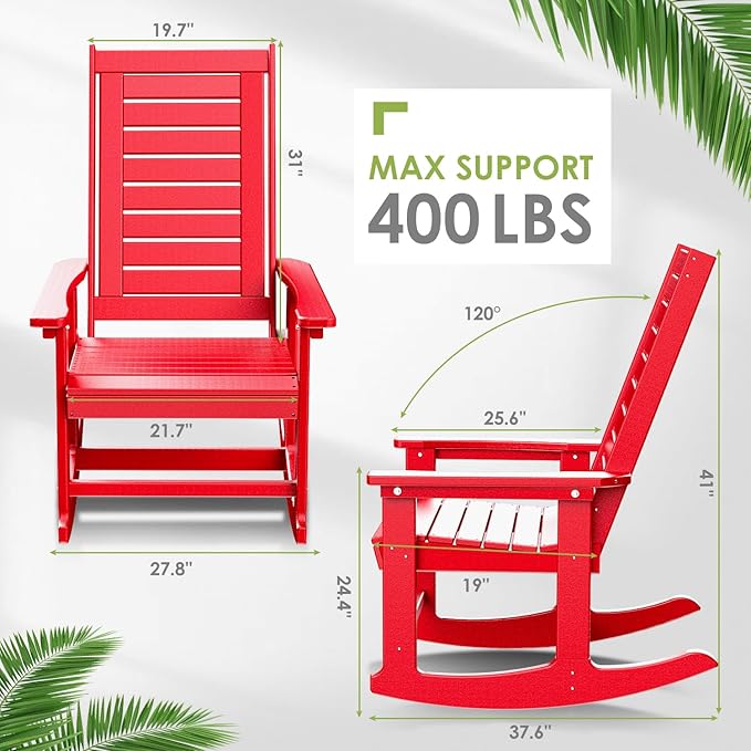 GREENVINES Outdoor Rocking Chairs | Set of 4 | Porch Rocker | HDPE Plastic | Red | Oversized Rockers | High Back | Big & Tall | Ladder Back | for Patio Outside Backyard Balcony Garden