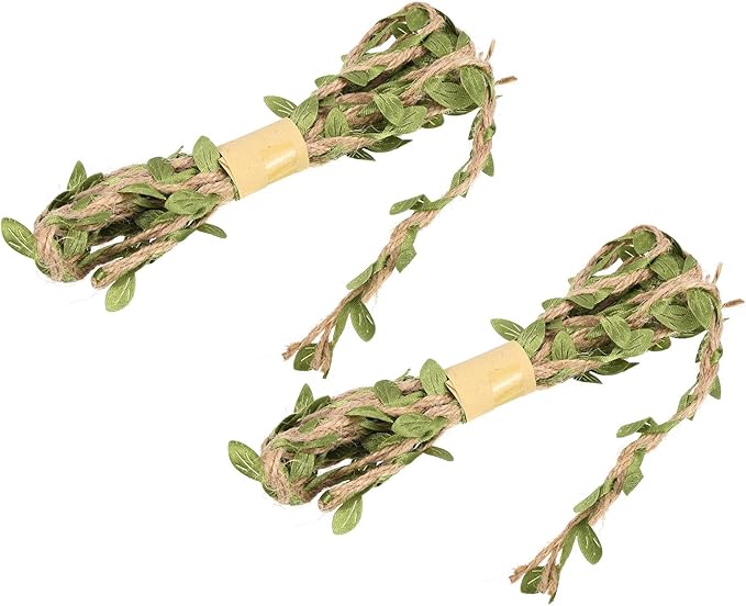 PATIKIL 6.6ft 5mm Burlap Leaf Ribbon, 2 Pack Braided Decoration Vine Natural Jute Rope Twine with Artificial Leaves for Jungle Wedding Party Home Garden Decor, Green