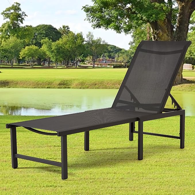 Outdoor Lounge Chairs for Pool, Aluminum Chaise Lounge Chair with 5-Position Recliner, Patio Lounge Chair for Backyard, Poolside, Lawn (Black, 2 Pack)