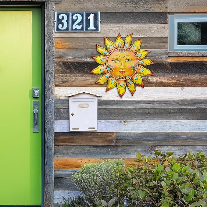 Metal Sun Flower Wall Decor - 13 inches Sun Wall Art Hanging Decorations for Outdoor, Home Garden Yard Patio Fence Bedroom Decor, Gifts for Mom Friends