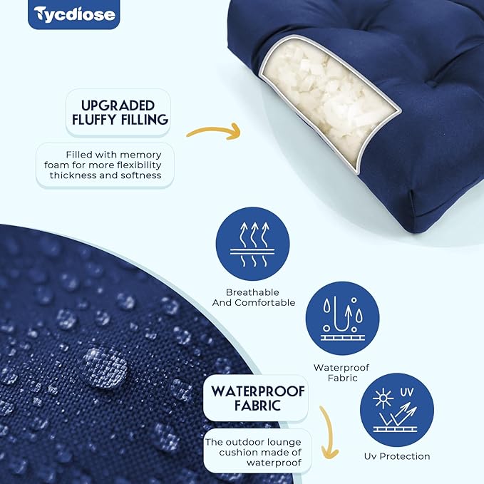 All Weather Chaise Lounge Cushions Outdoor Lounge Chair Cushion, Replacement Chaise Lounger Chair Cushion Waterproof for Outdoor Patio Furniture with Non-Slip Back and Ties, Blue