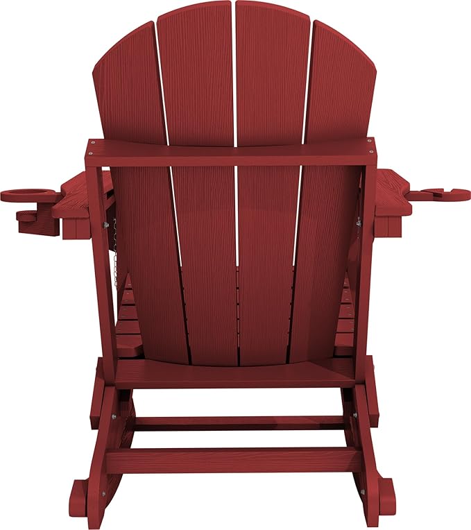 KINGYES Adirondack Rocking Chair Set of 4 with Retractable Ottoman and Cup Holders, HDPE Adirondack Rocker Patio Rocking Chair for Porch, Patio, Balcony, Burgundy Red