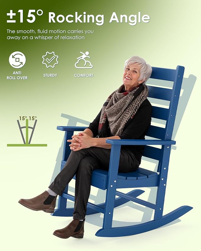 GREENVINES Outdoor-Rocking-Chairs-Set-of-4 | HDPE Plastic | Patio Rockers | Porch Rocker Chair | Shaker | Oversized | High Ladder Back | Big & Tall | PentaLuxe | Blue