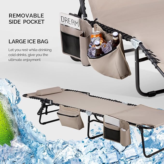 Bonnlo Oversized Folding Tanning Chair with Face Hole & Carrying Bag,Beach Lounge Chair Outdoor for Adults, Portable Sunbathing Recliner,Laying Out Chairs for Tanning Lounger Outside,Supports 265 lbs