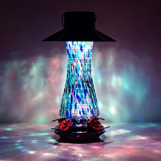 Muse Garden Solar Powered Hummingbird Feeder, 23oz Solar Lights Outdoor Garden Decor Ant and Bee Proof, Hand Blown Glass Lantern Gifts for Women Mom Birthday Unique, Blue
