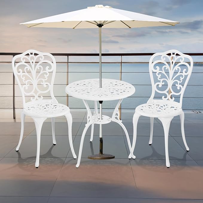VINGLI 3 PCS Outdoor Bistro Set, Outdoor Patio Set, All-Weather Cast Aluminum Bistro Table Set, Bistro Table and Chairs Set of 2 for Backyard, Garden, Balcony (White, Butterfly)