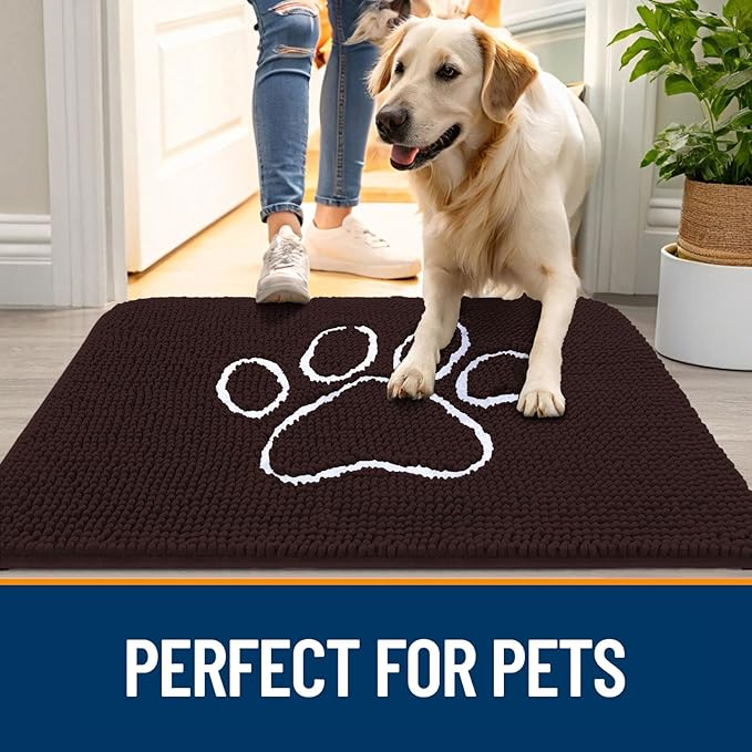 OLANLY Dog Door Mat for Muddy Paws 70x24, Paw Print Design, Absorbs Moisture and Dirt, Absorbent Non-Slip Washable Doormat, Quick Dry Chenille Mud Mat for Dogs, Entry Indoor Entryway Carpet, Brown