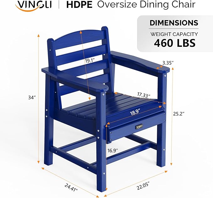 VINGLI Outdoor Dining Chairs Set of 4, HDPE Patio Chairs All-Weather Durable Garden Seating for Poolside, Deck, Porch (Navy Blue, 4 PCS)