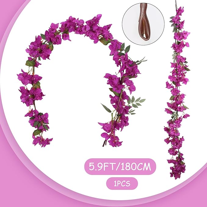 Purple Bougainvillea Artificial Flower Garland 5.9FT Lush Faux Bougainvillea Purple Artificial Vine Flowers for Centerpieces Table Runner Wedding Arch Porches Patios Garden Decor