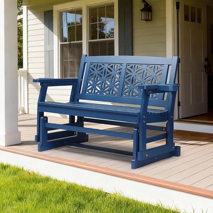 VINGLI Fir Wood Outdoor Glider with Floral Backrest, Wooden Patio Gliding Bench with Cup Holders, Smooth Rocking Chair for Garden, Yard & Porch (Blue, 4FT)