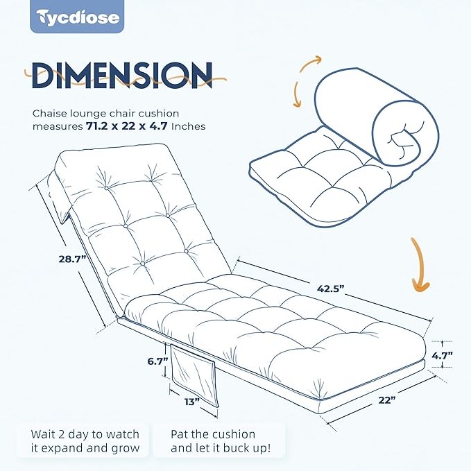Outdoor Lounge Chair Cushion, Waterproof Replacement Chaise Lounge Cushions for Outdoor Furniture Thickened 71 x 22 x 4.7 Inch Non-Slip Patio Pool Lounge Chair Cushions with Ties, Royal Blue
