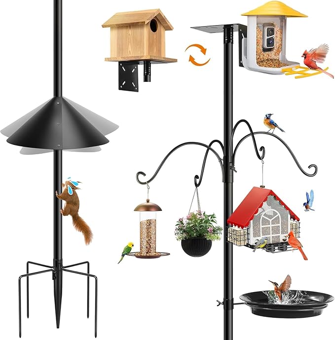 Bird Feeder Station with Squirrel Baffle and Bird Bath,Squirrel Proof for Bird Poles Hanging Feeder Station Kit Adjustable Heavy Duty Metal 5 Prong Base, Patio, Garden Decoration 92IN (Not House)