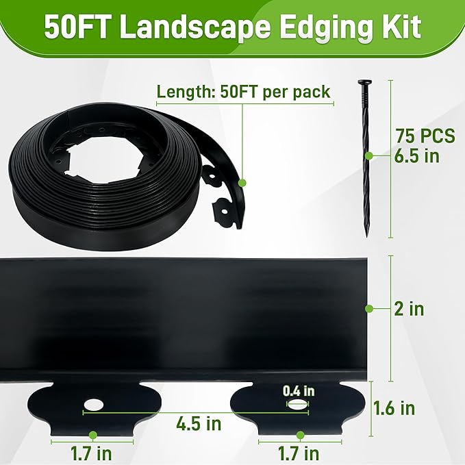 2 Inch x 50FT Landscape Edging Border with 75 Anchoring Spikes, No Dig Garden Border Edging Kit, Plastic Lawn Edging Border for Landscaping Garden Flower Beds Lawn Yard Paver Pathway, Black