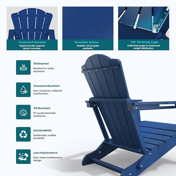 Folding Adirondack Chair Set of 4,HDPE All-Weather Outdoor Chair with Cup Holder,Wooden Textured,Fire Pit Chair,Plastic Patio Chair for Deck,Backyard,Garden,Lawn(Navy Blue)