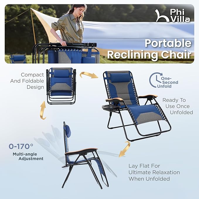 PHI VILLA XXL Oversized Padded Zero Gravity Chair, Foldable Patio Recliner, 30" Wide Seat Anti Gravity Lounger with Cup Holder, Support 400 LBS (Thumb Blue)