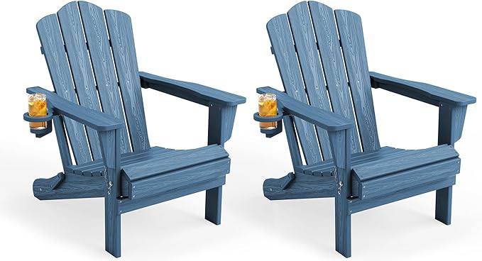 KINGYES Folding Adirondack Chair Set of 2, HDPE All-Weather Patio Chairs with Cup Holder, Wooden Textured Fire Pit Chairs for Poolside, Backyard, Deck, Navy