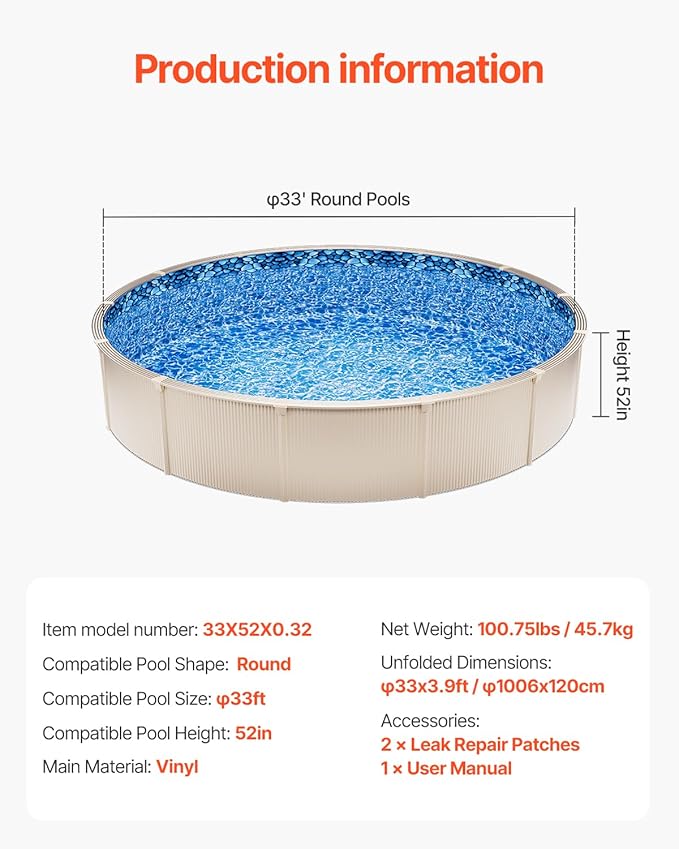 VEVOR Pool Liner, 33ft Round Pool Liner, Uinbead Style, Durable Vinyl Pool Liner, Standard Gauge, 52in Wall Height, Pool Liner Replacement for Steel Sided Above-Ground Swimming Pools