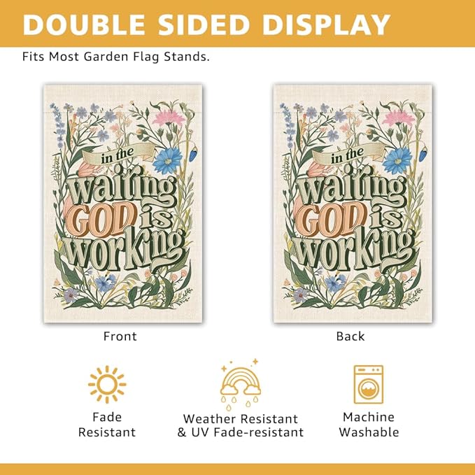 In the Waiting God is Working Floral Garden Flag, Double Sided Yard Outdoor Farmhouse Lawn Porch Decor, Christian Yard Flag, Religious Outdoor Home Decor, Inspirational Bible Saying Flag