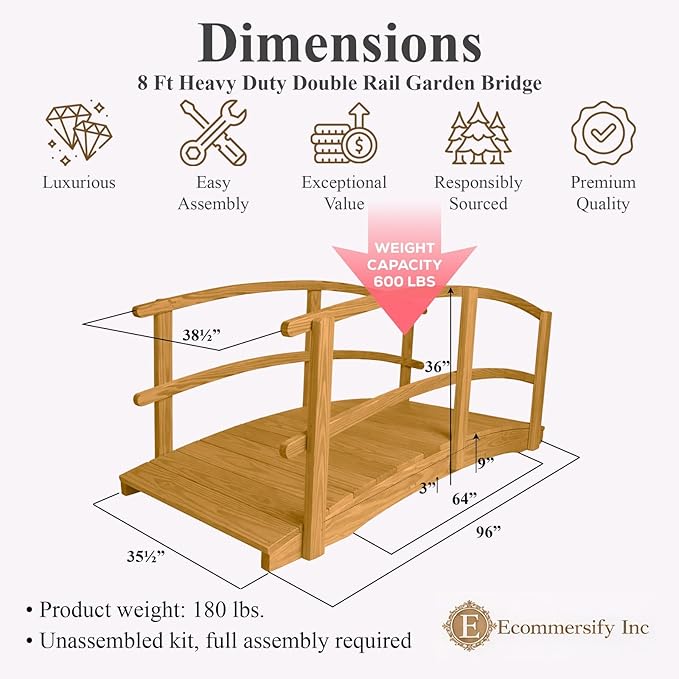 8 FT Oak Amish Made Garden Bridge with Double Rails for Walkway, Backyard Pond & Landscaping, Outdoor Wooden Footbridge for Koi Pond, Japanese Style Decorative Bridge, Made in USA