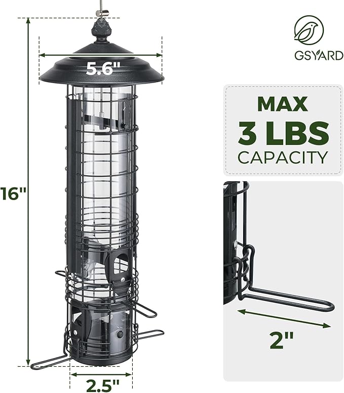 Kingsyard Squirrel Proof Bird Feeder for Outside Hanging, Weight-Activated All-Metal Wild Bird Feeders for Cardinal Finch, Detachable Base Easy to Clean, 3 LBS Capacity,Black