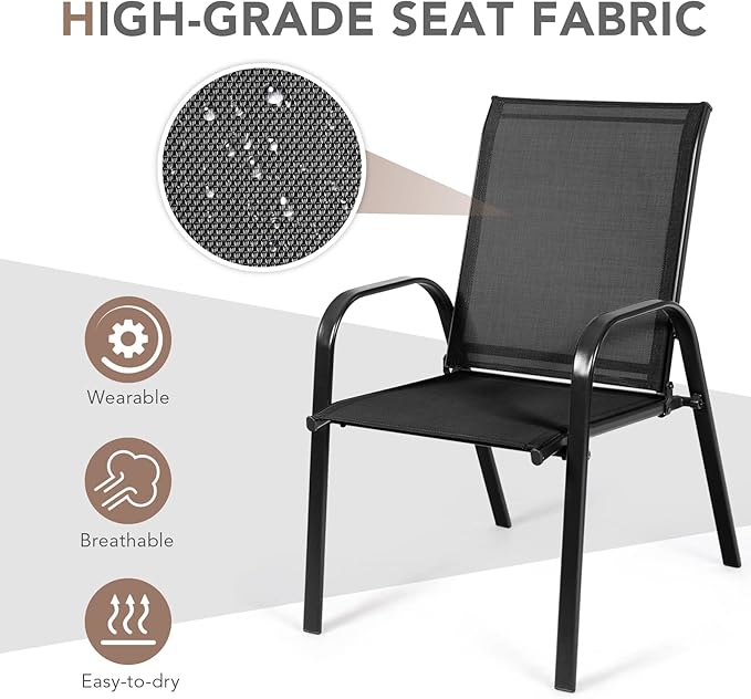 Tangkula 2 Piece Patio Dining Chairs, Outdoor Bistro Chairs W/Curved Armrests, Easy-to-Dry Fabric, Reinforced Steel Frame, Wide & Comfortable Camping Chairs for Garden, Poolside, Backyard (1, Black)