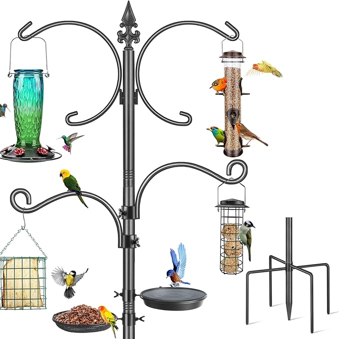 Bird Feeder Pole, 76 Inch Bird Feeding Station, Heavy Duty Shepherd Hooks for Outdoors Hanging Birds Feeders, 4 Hook Hummingbird Feeder Stand with Birds Bath, Mesh Tray