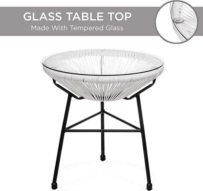 Best Choice Products 3-Piece Outdoor Acapulco All-Weather Patio Conversation Bistro Set w/Plastic Rope, Glass Top Table and 2 Chairs - White