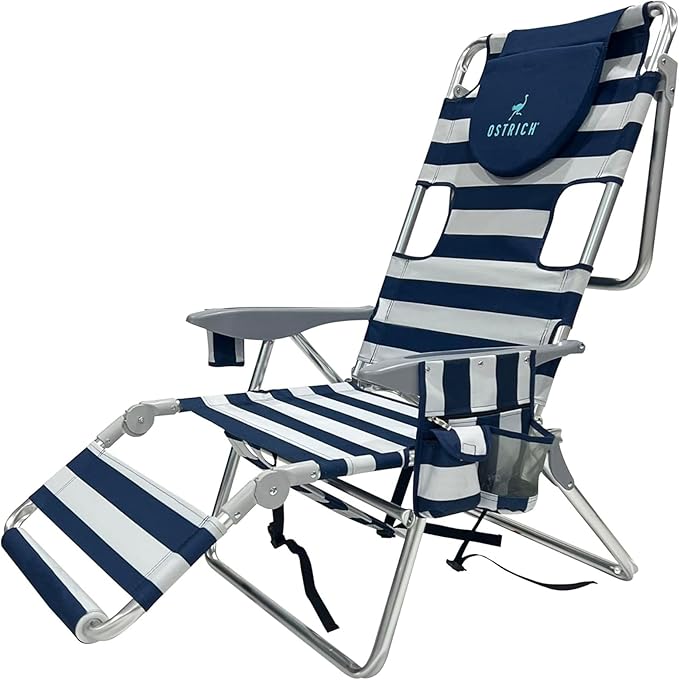 Ostrich Deltess 3N1 Portable Tanning Chair, Reclining Outdoor Lounger, and Cooler Bag, Lightweight and Adjustable, Striped Blue and White