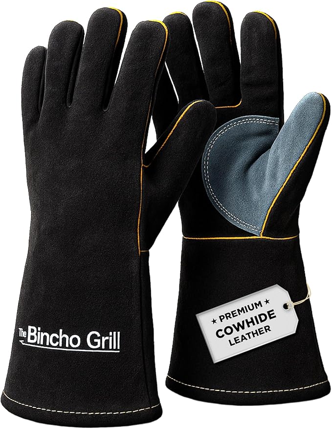 The Bincho Grill Fire Heat Resistant Gloves – 14 Inch 932°F Fireproof Leather Fireplace & BBQ Gloves for Grill, Oven, Wood Stove, Campfire, Welding (MIG/TIG) - Heavy-Duty