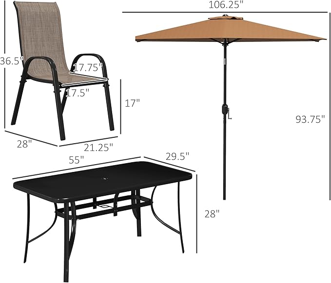 Outsunny 8 Pieces Patio Table and Chairs Set with 9 Ft Patio Umbrella, Outdoor Dining Set with 4.6 Ft Dining Table and 6 Chairs, Push Button Tilt and Crank Parasol, Tempered Glass Top, Mixed Brown