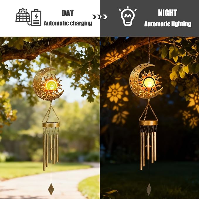YAKii Sun Moon Solar Wind Chimes for Outside Lights Prefert Gifts for Mom Wife Unique Crackle Glass LED Warm Light Outdoor Hanging Decor Windchimes for Garden Yard Patio Christmas Birthday Mothers Day