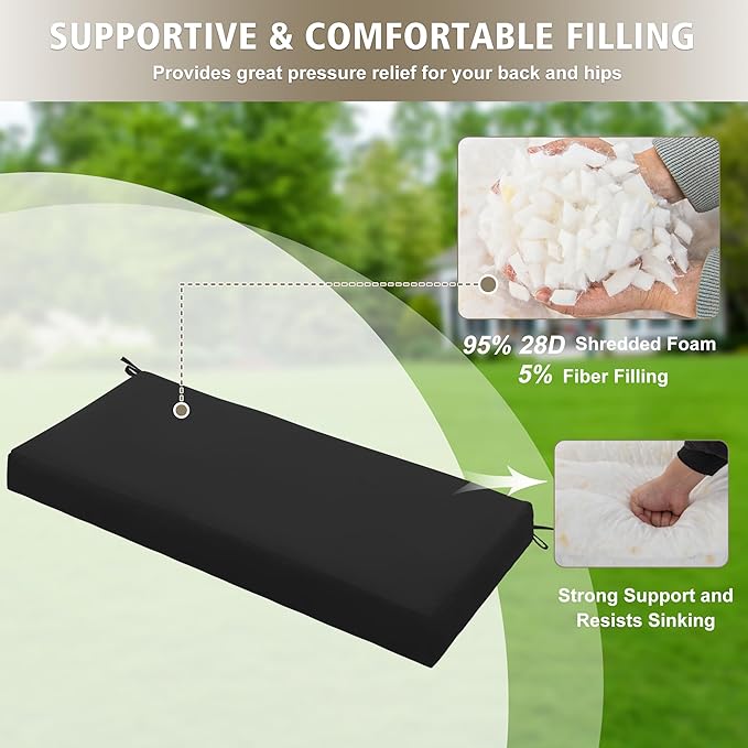 Outdoor Bench Cushion Waterproof 48"x18" – Fade-Resistant Patio Furniture Cushion with Ties for Porch Swing, Loveseat, or Indoor Bench Replacement, Black