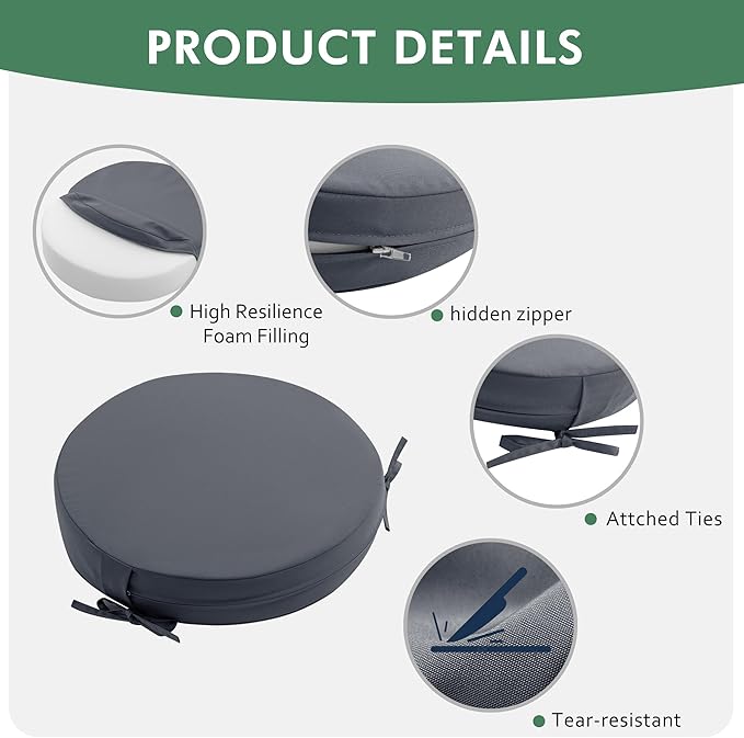 Outdoor Bistro Chair Cushions Set of 2, 15" D x 3" H Round Chair Cushions Waterproof and Fade Resistant Chair Cushion Pads with Non-Slip Ties and Removable Covers for Garden, Dark Grey