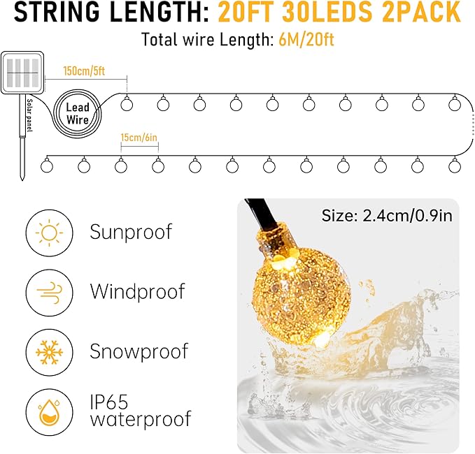 2-Pack 30 LED 20FT Solar String Lights Outdoor, Crystal Globe Lights with 8 Lighting Modes, Waterproof Solar Powered Patio Lights for Garden Yard Porch Wedding Party Decor (Warm White)