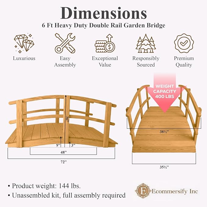 6 FT Oak Amish Made Garden Bridge with Double Rails for Walkway, Backyard Pond & Landscaping, Outdoor Wooden Footbridge for Koi Pond, Japanese Style Decorative Bridge, Made in USA