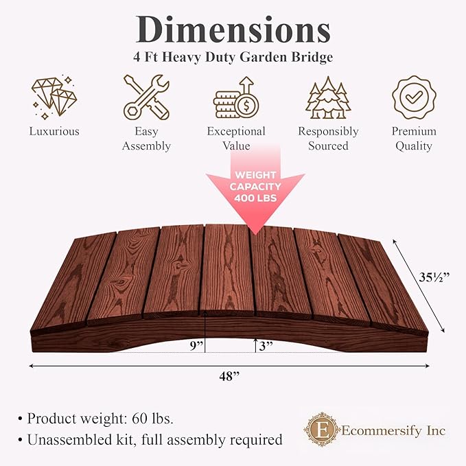 4 FT MAHOGANY Amish Made Pinewood Heavy Duty Garden Bridge for Walkway, Backyard Pond & Landscaping, Outdoor Wooden Footbridge for Koi Pond, Japanese Style Decorative Bridge, Made in USA