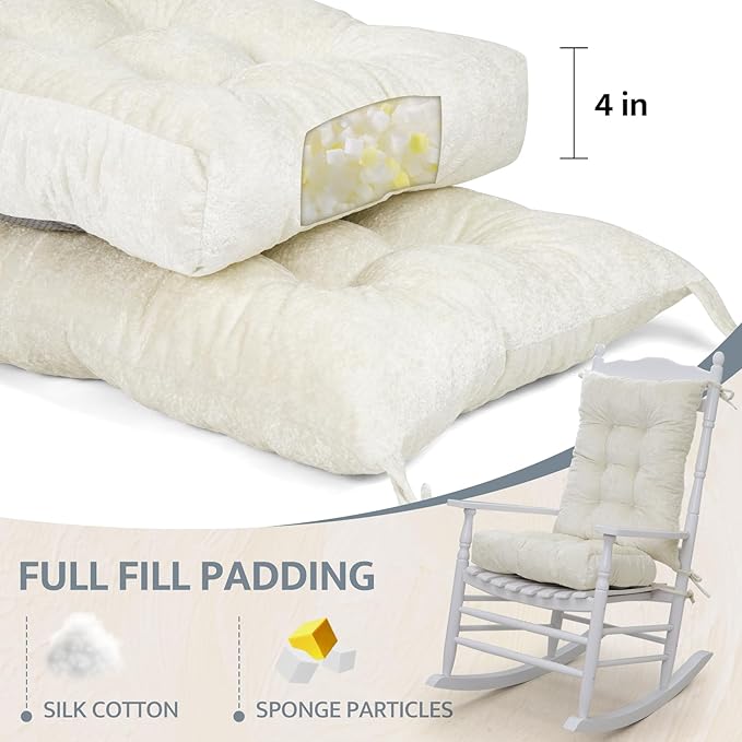 mudilun Rocking Chair Cushion Set - Non-Slip Tufted Rocking Chair Cushions with Ties Soft Indoor/Outdoor Wooden Rocking Chair Seat Pad for Porch Garden Cafe & Nursing